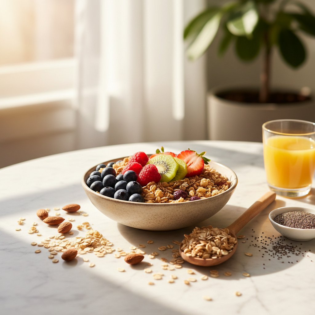 Healthy breakfast with granola and fruits